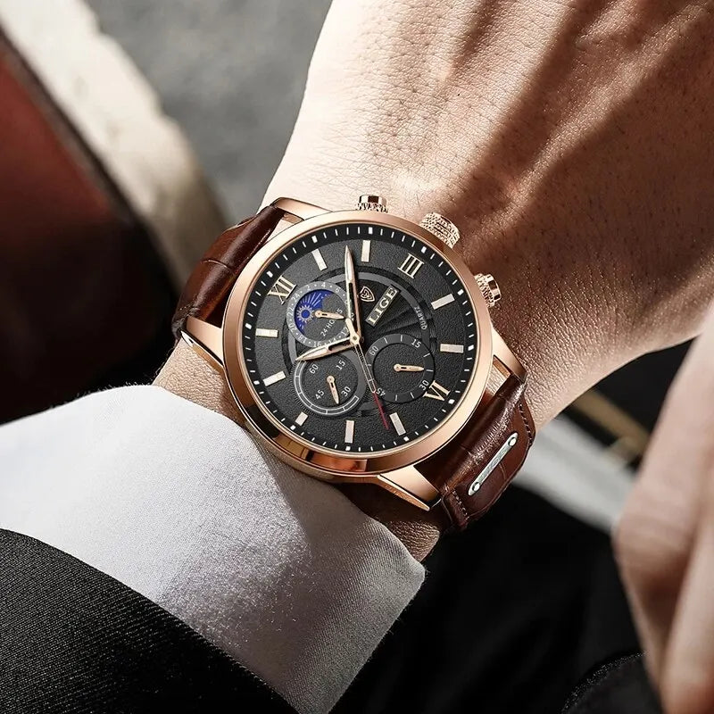 Horizon Luxury Silver Black Leather and Quartz Watch